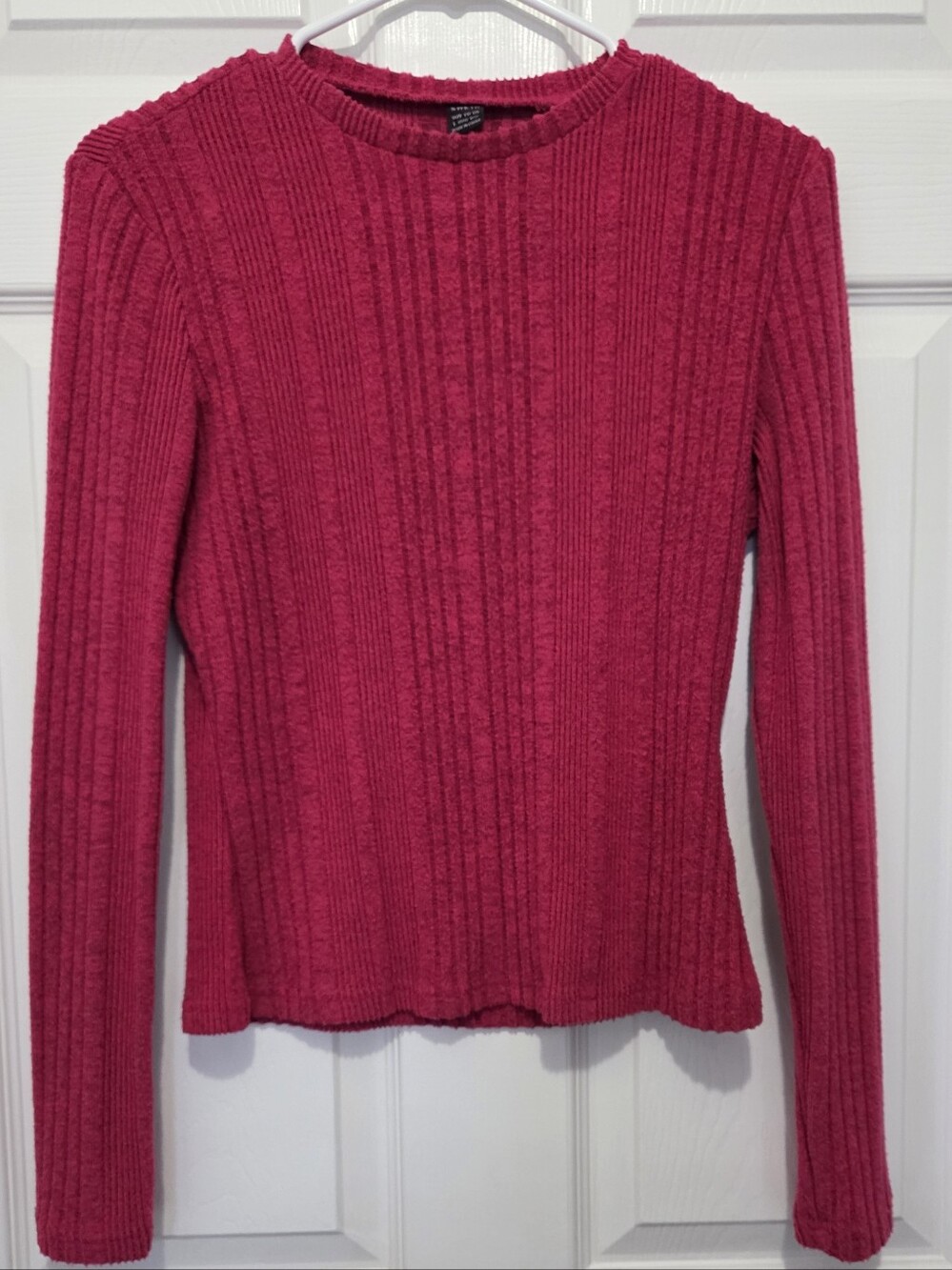 SHEIN Pink Ribbed Knit Pullover Crewneck Long Sleeve Slim Fit Top Size Large